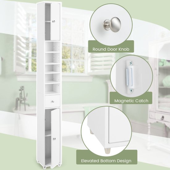 Witte badkamerkast met ronde deurknop, magnetische sluiting en verhoogd bodemontwerp.