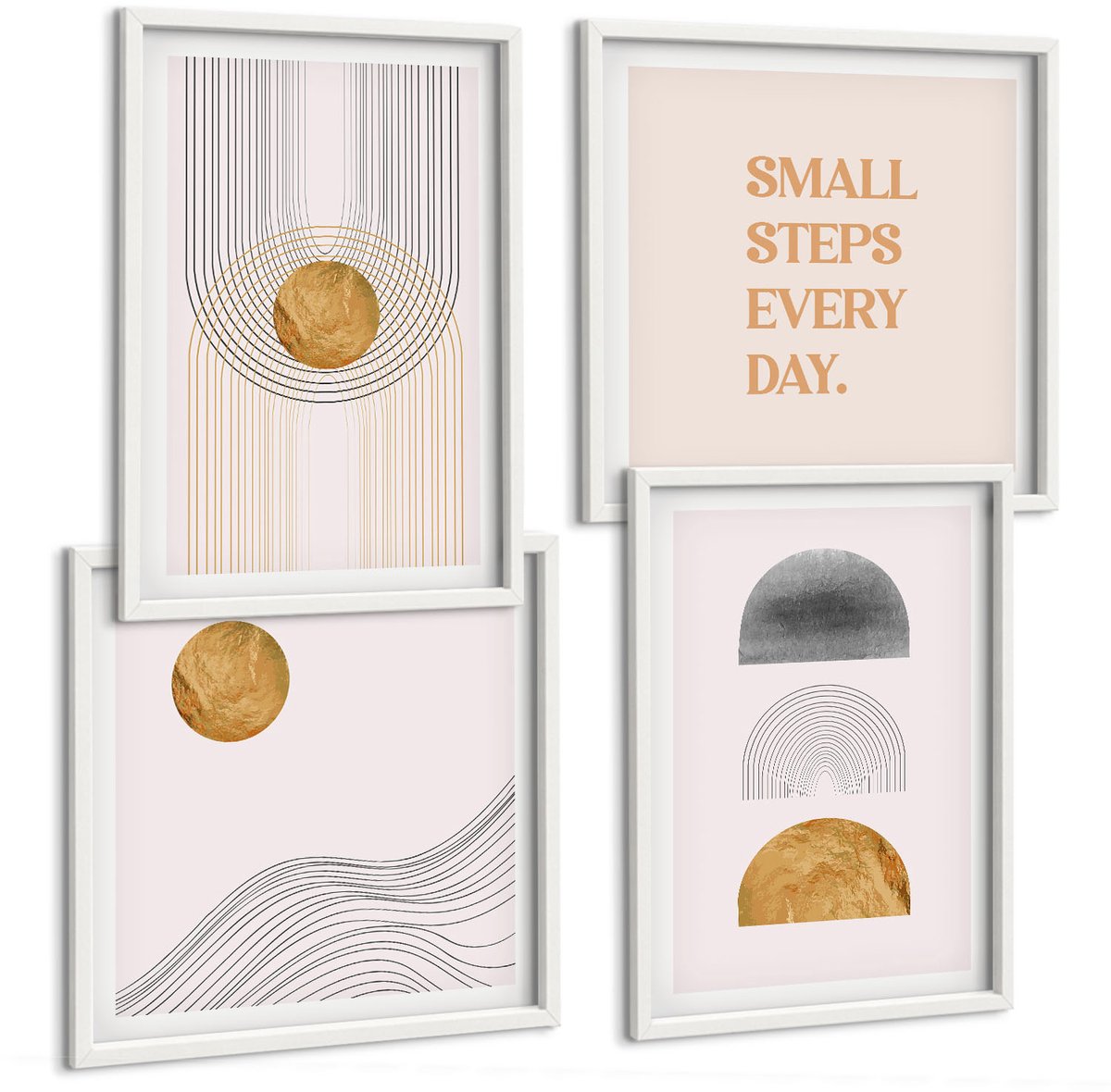 Wallfluent 4-Delige Schilderij Set - Abstracte Geometrie, Decoratieve Vormen, Belettering - 40 x 40 En 40 x 60 - Moderne Wanddecoratie - Slaapkamer - Woonkamer Decoratie