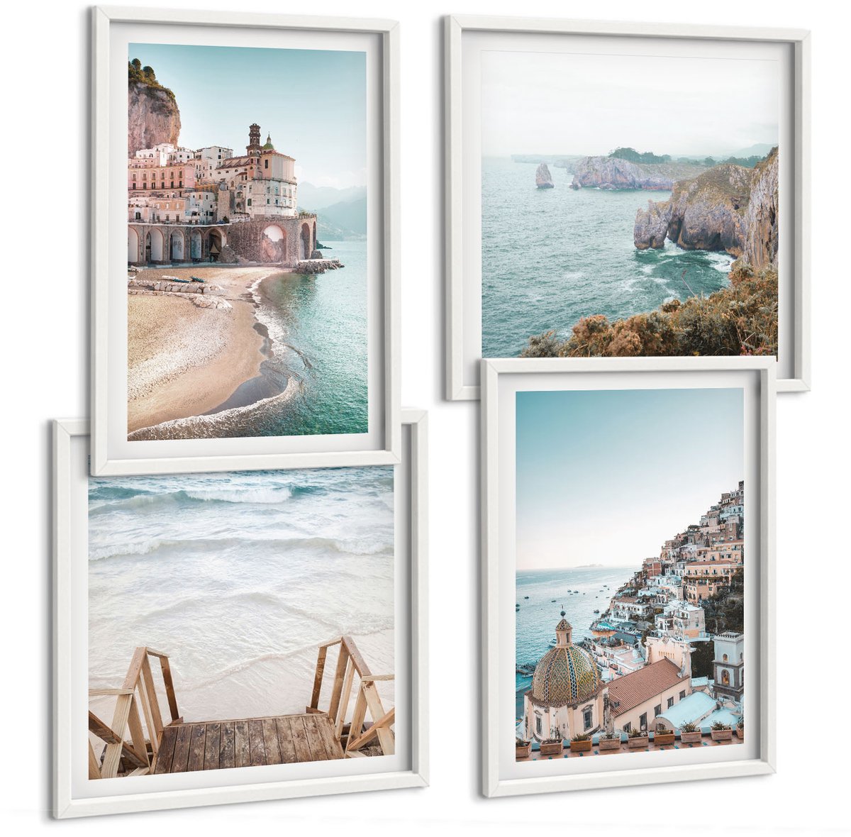 Wallfluent 4-Delige Schilderij Set - Zomerse Pastelkleuren Met Architectuur Aan Zee En Strand - 40 x 40 En 40 x 60 - Wanddecoratie - Schilderijen Set - Interieur - Muurdecoratie