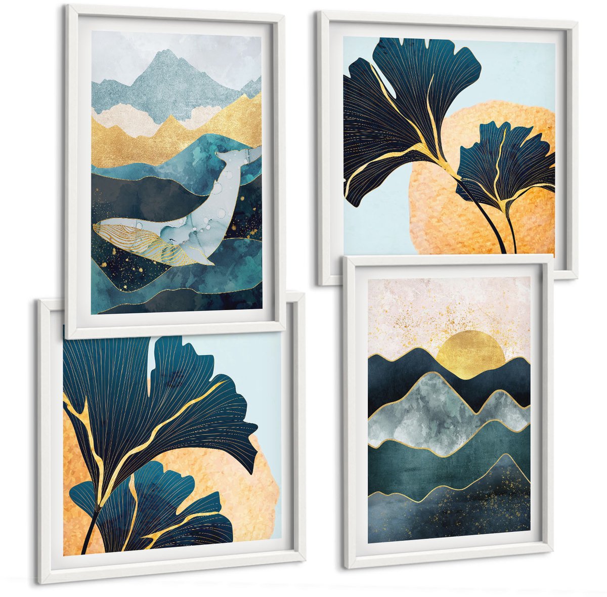 Wallfluent 4-Delige Schilderij Set - Abstracte Esthetische Vergezichten Met Bergen En Planten - 40 x 40 En 40 x 60 - Muurdecoratie - Schilderijen Set - Woonkamer