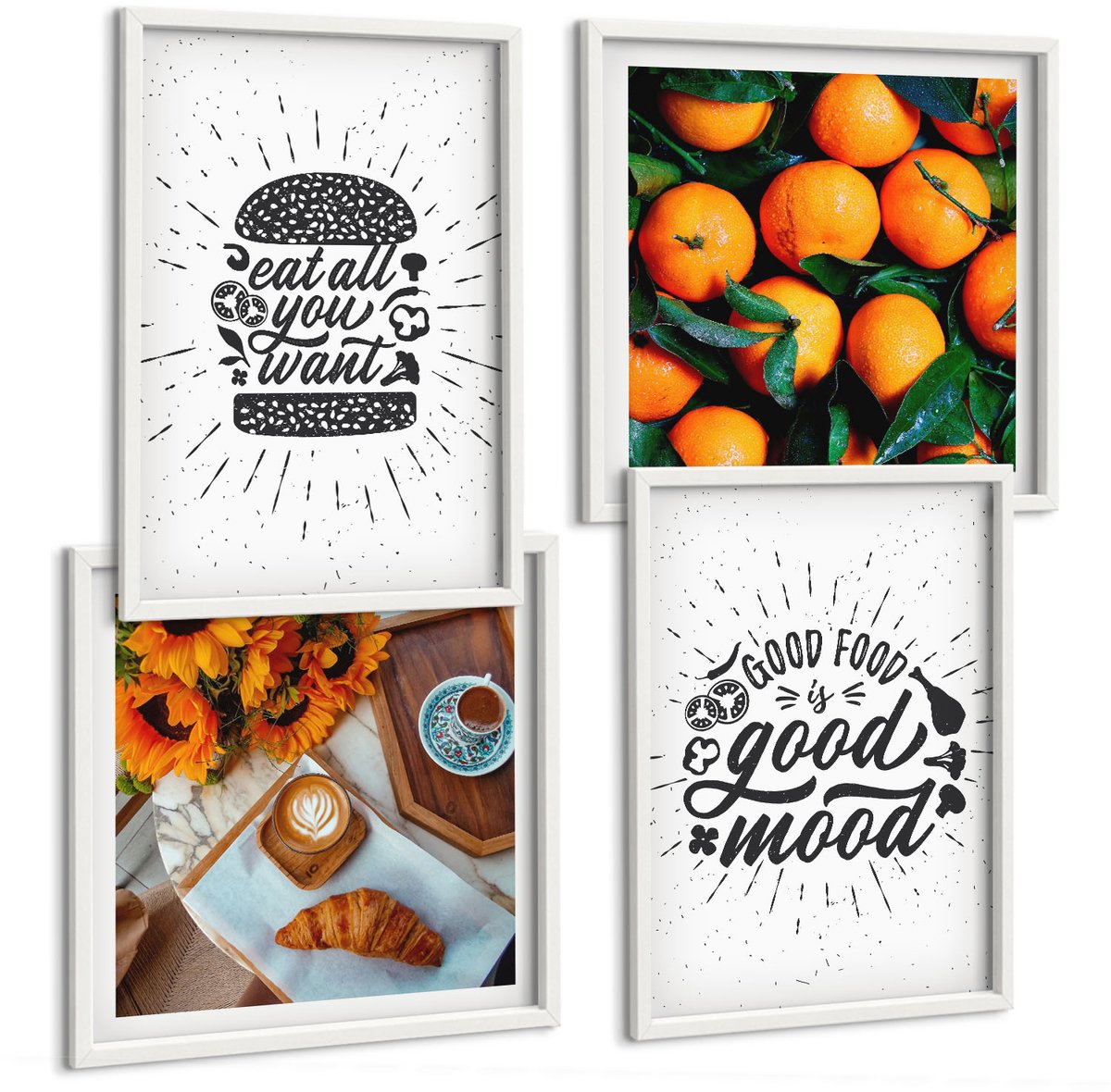 Wallfluent 4-Delige Schilderij Set - Keukenmotieven En Sappige Sinaasappels - 40 x 40 En 40 x 60 - Moderne Wanddecoratie - Slaapkamer