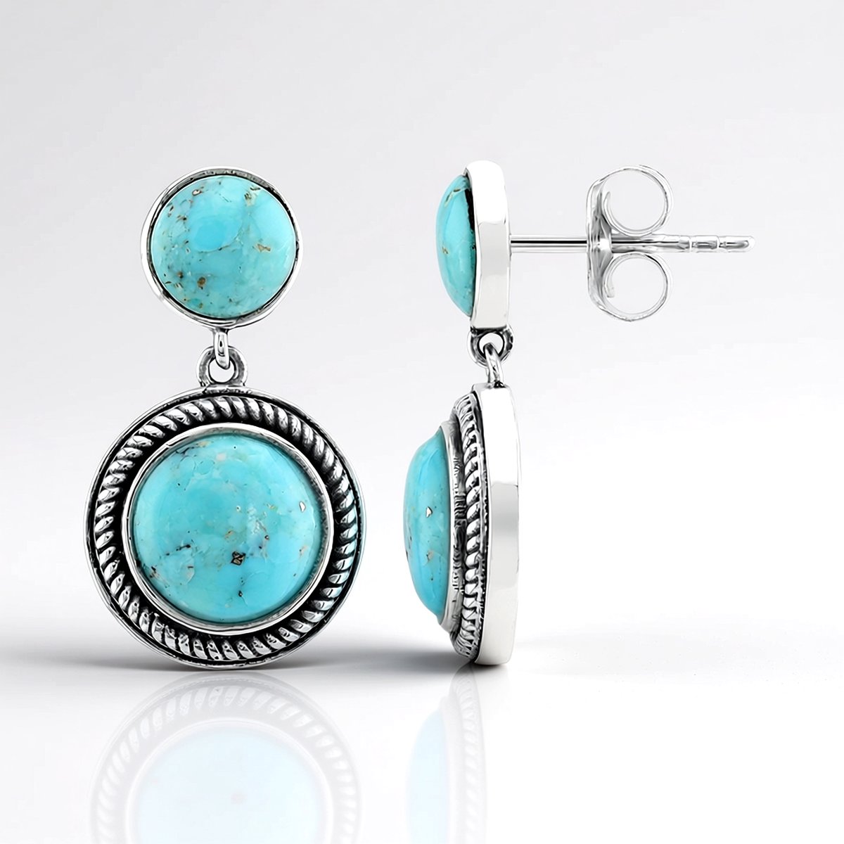 Cavill - Zilveren oorbellen 925 Sterling Zilver Geoxideerd - Blauwe Kingman Mohave Turkoois Ronde Cabochon 3,15 ct - Handgemaakt Lichtgewicht Elegant