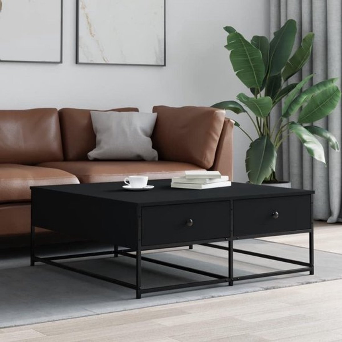 Salontafel Rechthoekig 100x99 cm Zwart Bewerkt Hout - Stijlvolle Bijzettafel