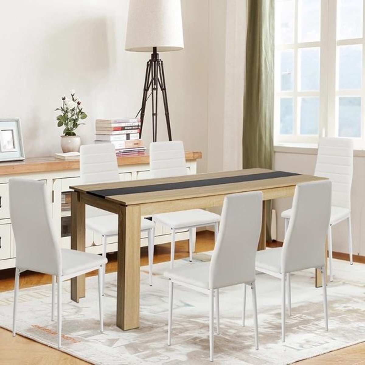 Eetkamerset Tafel met 6 Stoelen Rechthoekig Kunstleer Hoge Rugleuning