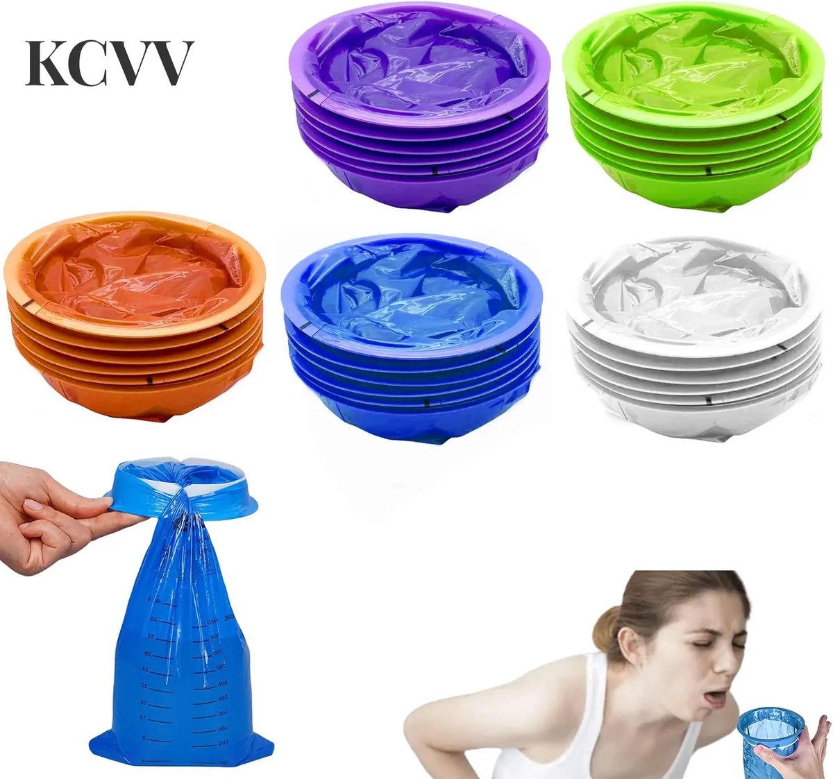 Braakzakjes van 50 stuks met ringen - spuugzakken met ring-braakzakjes-braakzakjes - spuugzakjes-draagbare - lekvrije braakzakjes voor in de auto en voor kinderen - braakzakjes met ringen - vijf kleuren - 37,5 x 17 cm