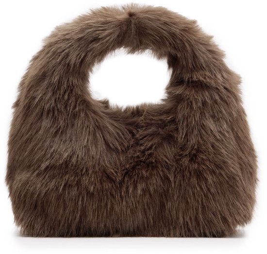 Bruine bambi-bonten clutch met ronde handgreep.