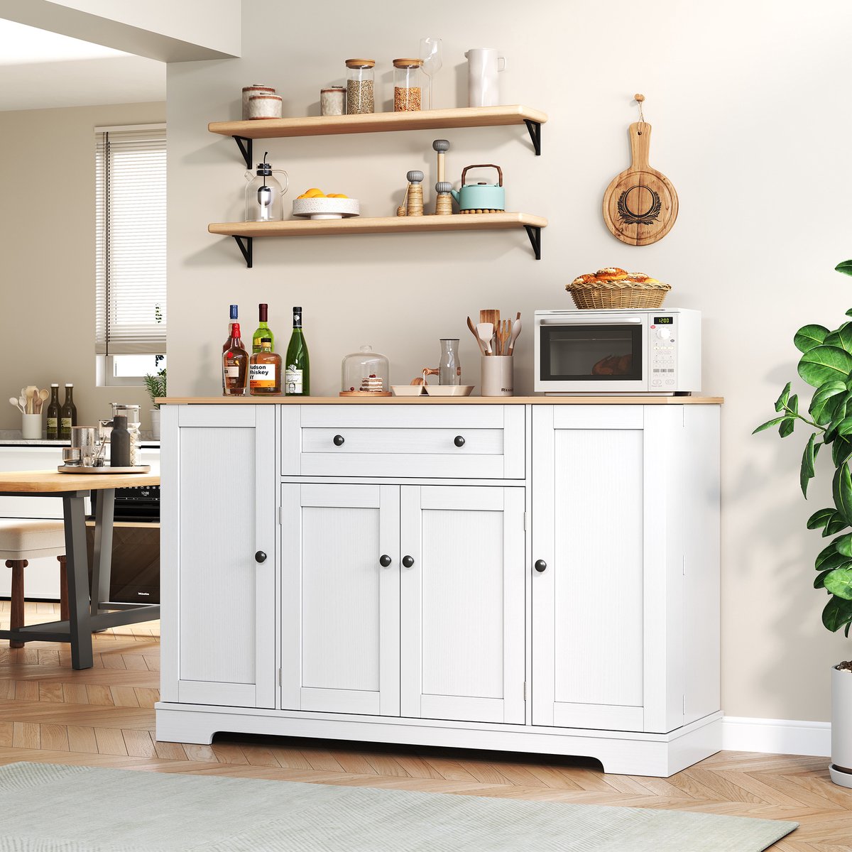 Sweiko Buffetkast - Dressoir - Met lade - Verstelbaar plank - Wit + Natuurlijk