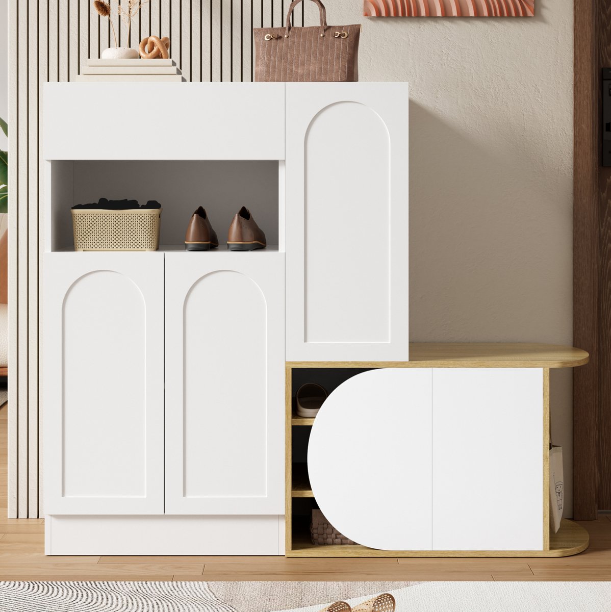 DESMIU Schoenenkast Met Zitbank En Opbergruimte - 1 Lade 5 Deuren En Open Vak - Voor Hal En Entree - MDF - Wit En Houtlook - 130x35x110,5 Cm