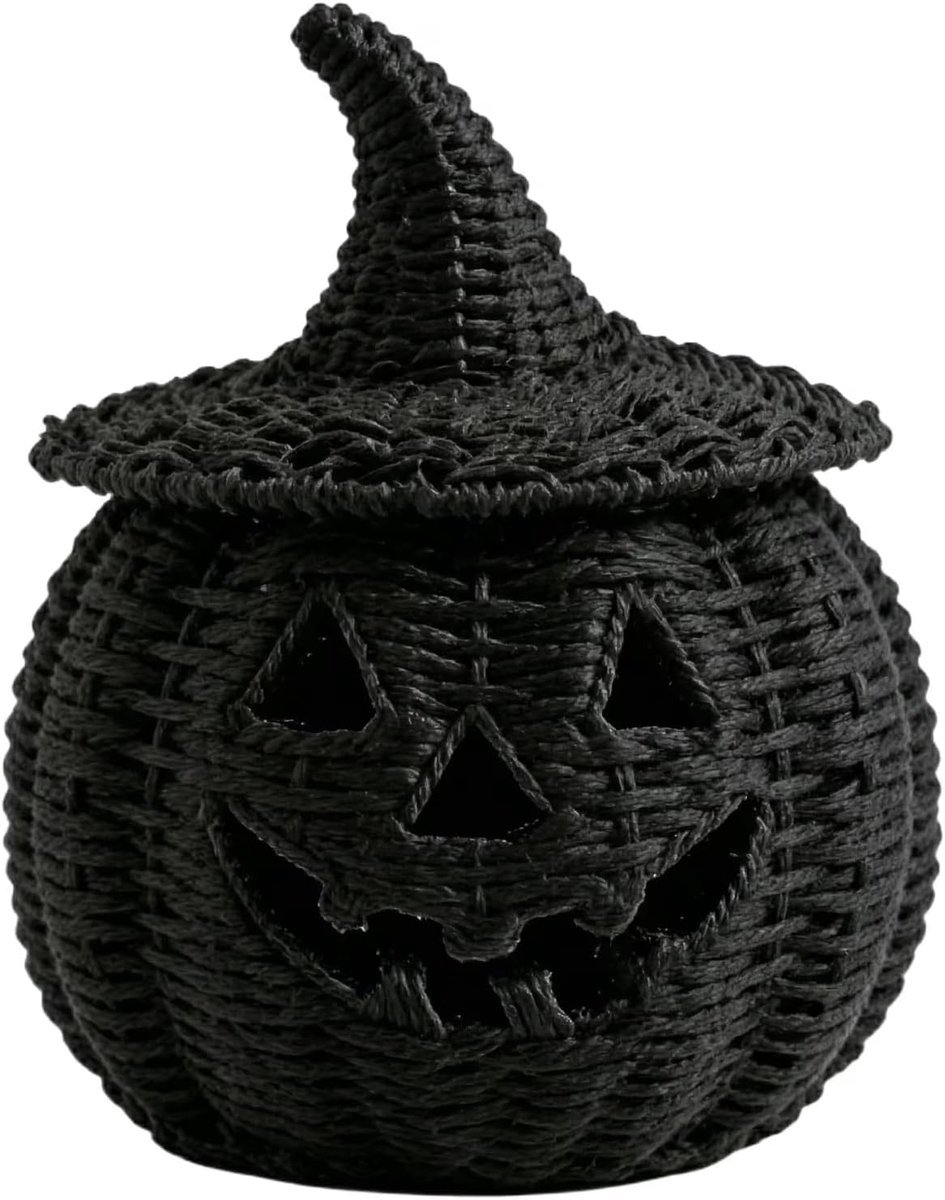 Casalora® Halloween Pompoen Lantaarn - Inclusief LED Kaars - Handgeweven Rotan Jack-o'-Lantern Snoepmand - Trick-or-Treat Emmer met Handvat - Halloween Decoratie - Zwart - 26 × 20 cm