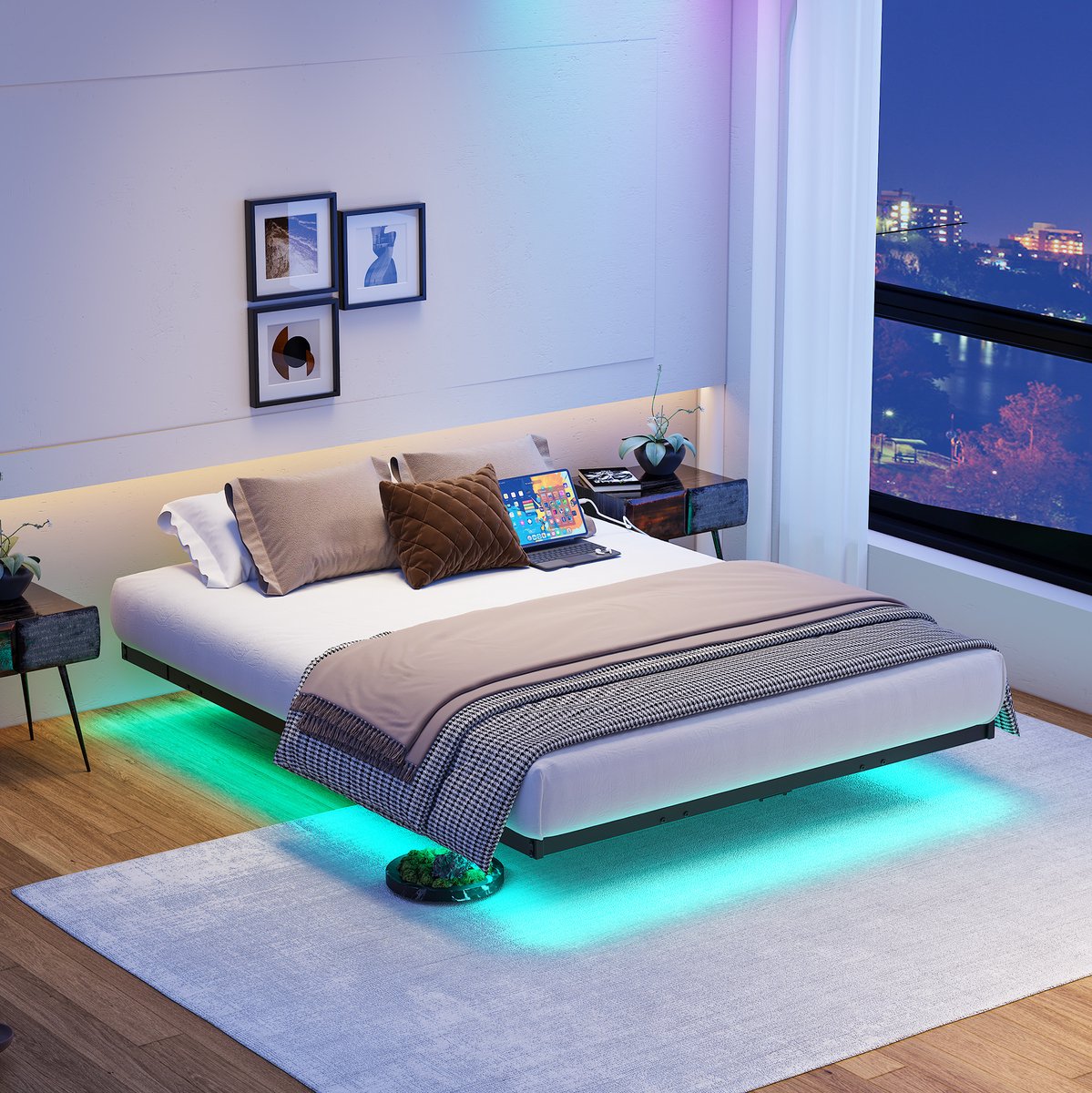 MODENUIT Bedframe – Zwevend Effect Met Ledverlichting En Oplaadstation – 120 x 200 Cm – Metaal – Zwart