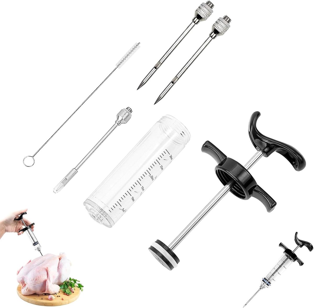 Marinade spuit voor vleesinjectie met 3 naalden en 1 schoonmaakborstel, 30ml voor BBQ en marineren van vlees, ideaal voor rundvlees en kip