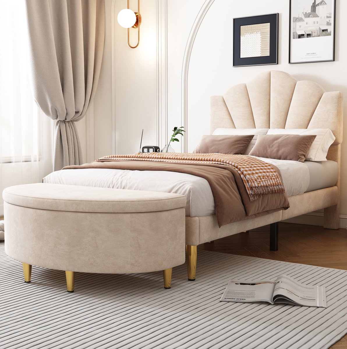 Wishdor Opberghocker met opbergruimte - Samt bekleed en geschikt om op te zitten - Met metalen poten - Voor hal woonkamer slaapkamer - Beige - 90 x 40 x 42 cm