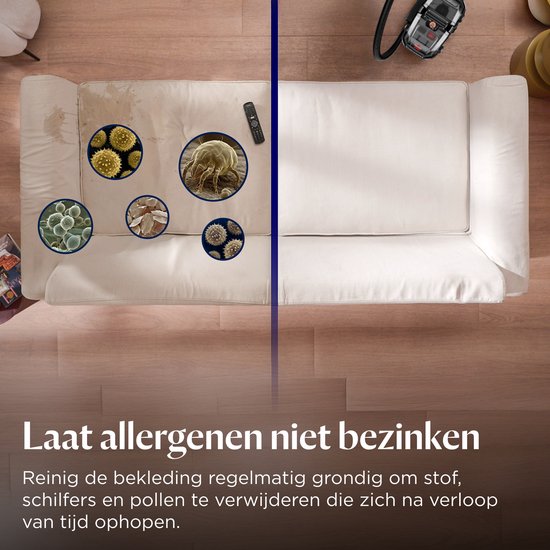 Een bank in tweeën gedeeld: links een vuile bank met ingezoomde beelden van bacteriën en stof, rechts een schone bank.