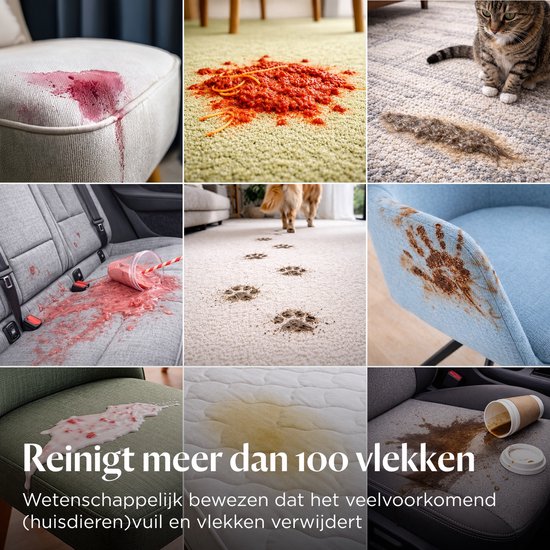Collage van negen afbeeldingen die vlekken laten zien op banken, tapijten en autostoelen, inclusief rode wijn, spaghetti, modder en geknoeide dranken.