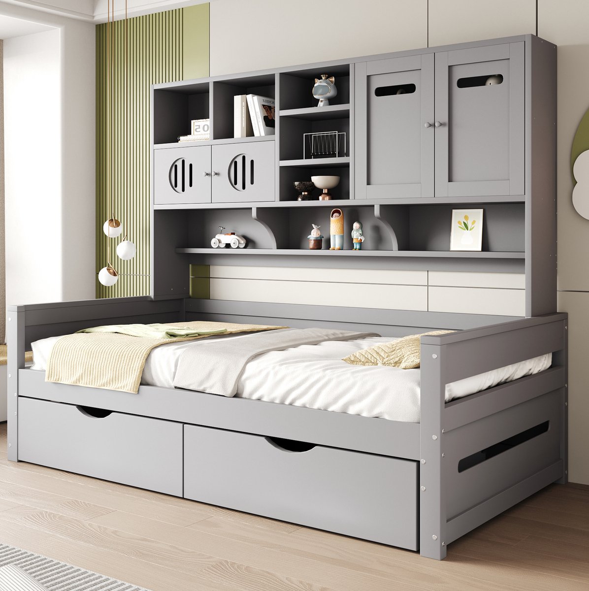 Wishdor Eenpersoonsbed 90 x 200 cm - Met opbergruimte en 2 lades - Lattenbodem en wandopstelling - Effen design - Jeugdkamer slaapkamer - Hout en MDF - Grijs