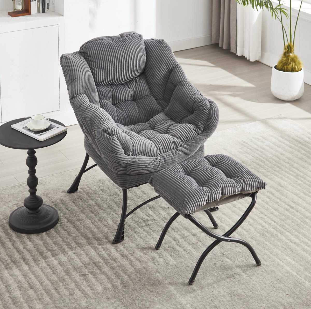 Wishdor Fauteuil met hocker - Comfortabele lounge stoel met armleuningen en zijklep - Stalen frame en zachte stoffering - Design - Woonkamer slaapkamer ontspanning - Grijs - 80 x 70 x 95 cm
