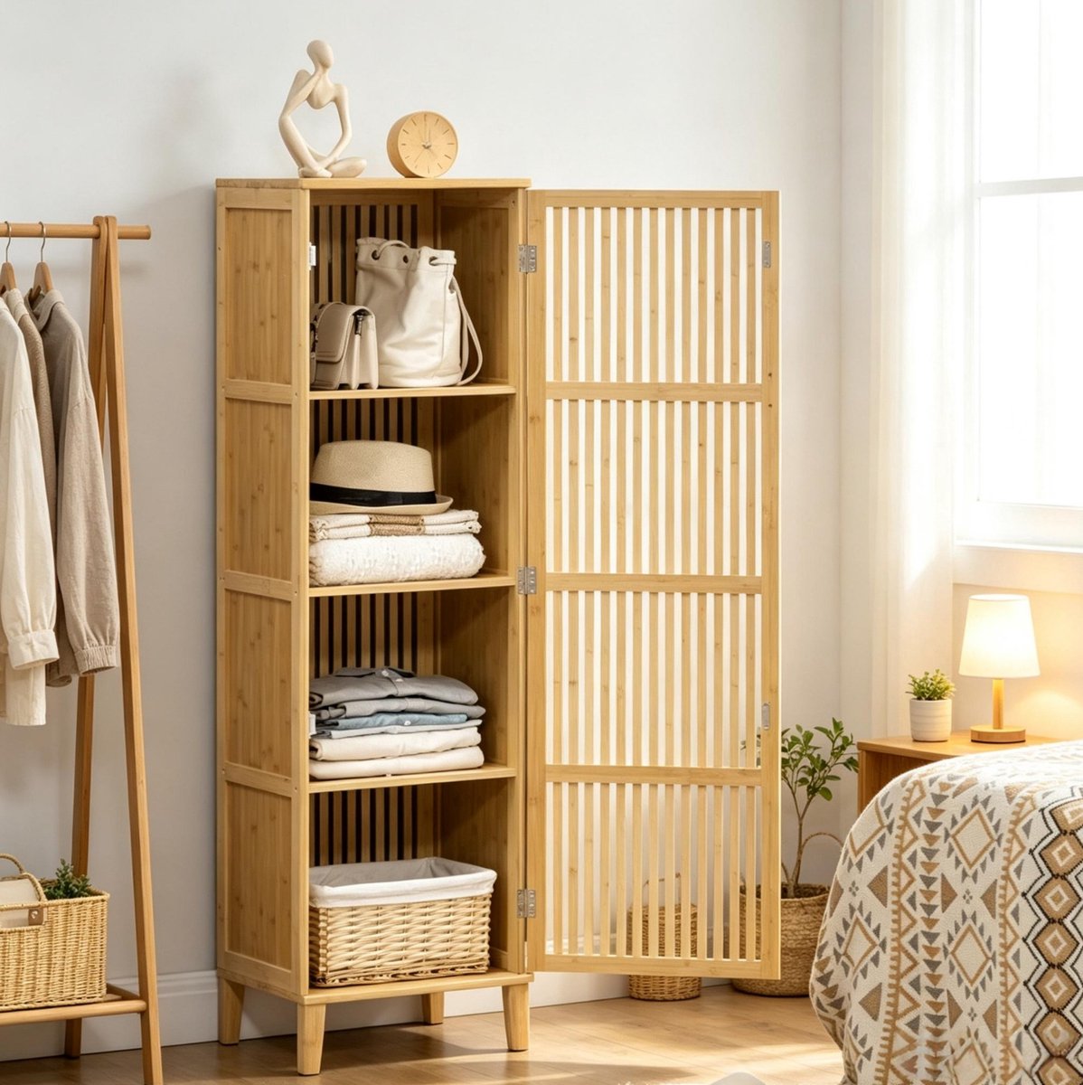 COVREO Opbergkast van bamboe 40 x 30 x 140 cm natuurlijk - deur met lamellen - smal en hoog - voor opbergen
