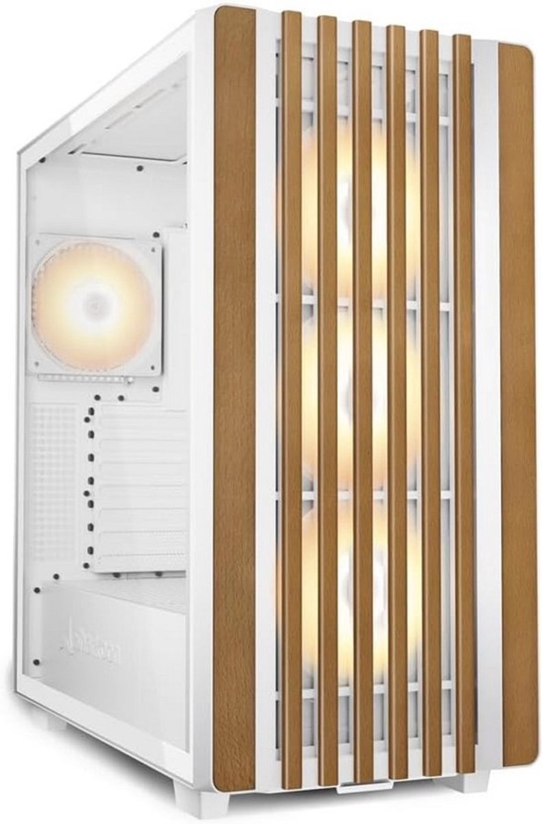 Stijlvolle Witte ATX PC Behuizing met Houten Accent en RGB Fans