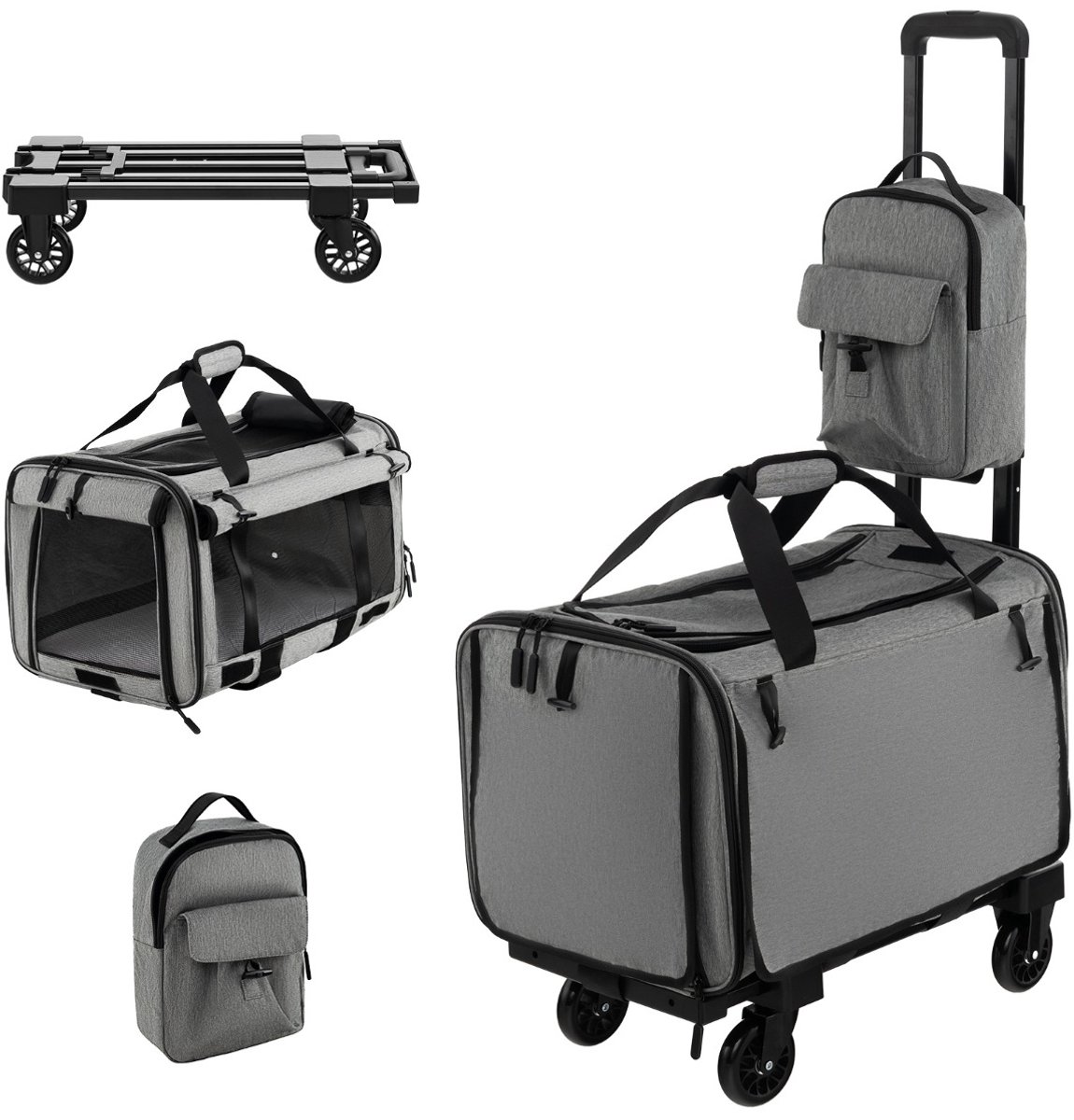 SureDeal® - Hondenproduct - Transportbox Kat Hondendraagtas - Telescoopgreep Wielen Inklapbare - Kleine - 59x37x64 cm - Grijs