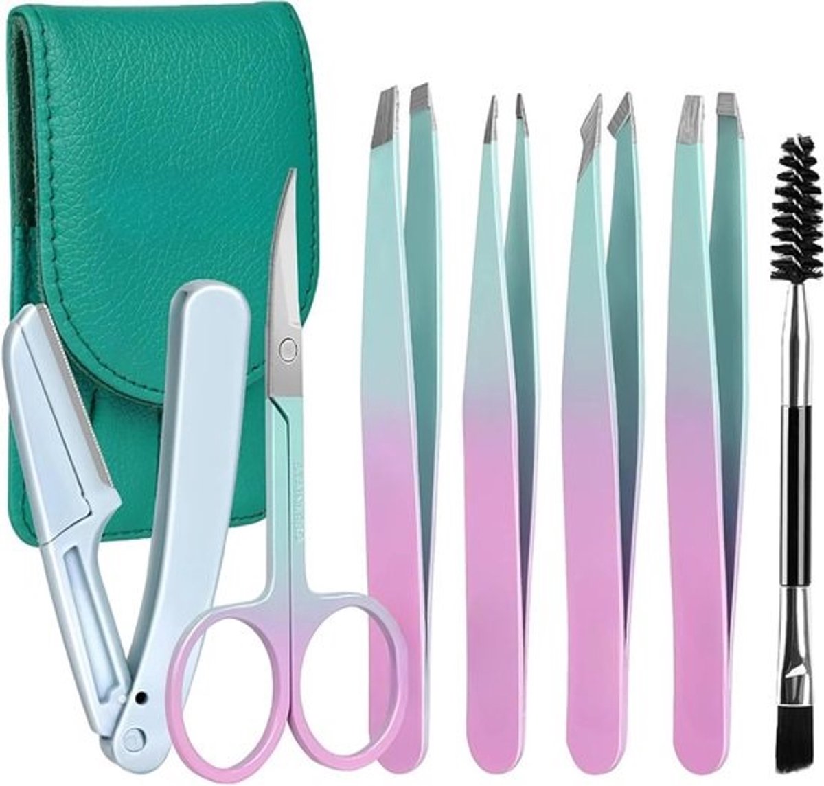 Tweezers Set - RVS - Precisie - 7 Stuks - Voor Wenkbrauwen - Met Schaar - Scheermes - Spiegel - Voor Ingegroeide Haartjes - Cadeau voor Vrouwen - Groen