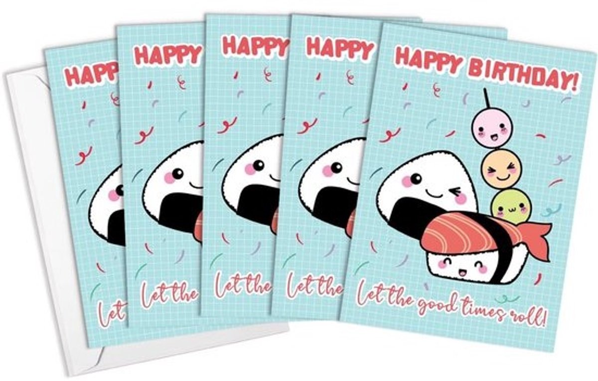 Kawaii Wenskaarten Verjaardag Set van 5 Japanse Sushi Stijl