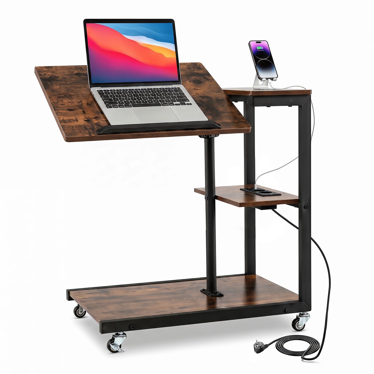 SureDeal® - Bijzettafel - Vormige - Oplaadstation - Stopcontact Salontafel - Wieltjes - Kantelbaar Tafelblad Bruin - 68x40x66,5 cm - Koffiebruin