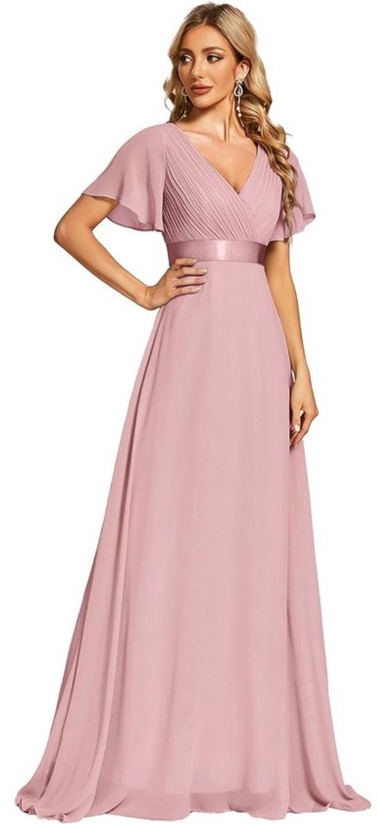 Klassieke Chiffon Bruidsmeisjesjurk V-hals Korte Mouw Plissé Taille Lang