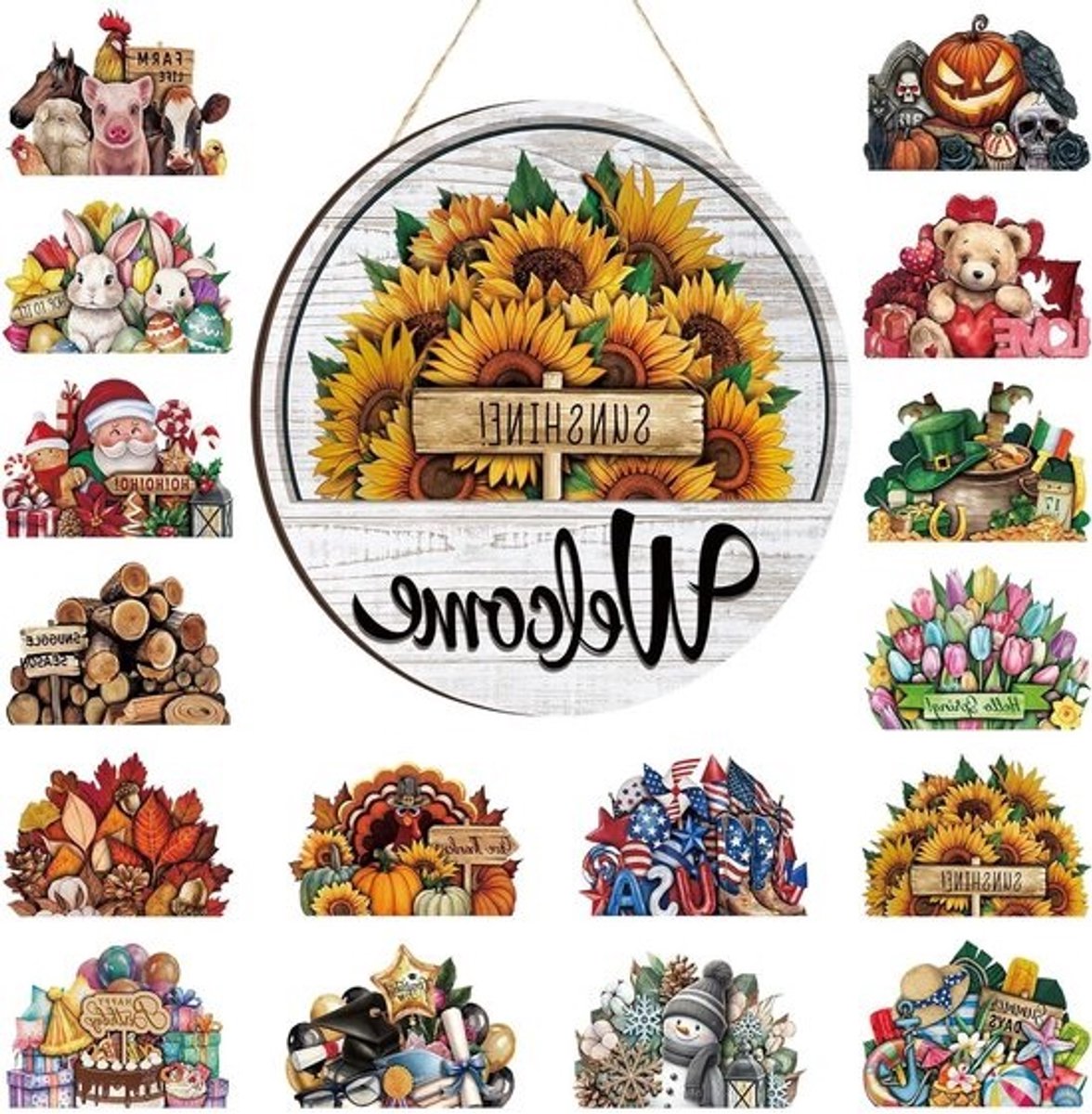 Welkom Deurbord - Seizoensbord Deur Decoratie - Huis Verfraaien - Magnetisch Verwisselbaar - 12 inch Rond - Klassiek Kleurrijk