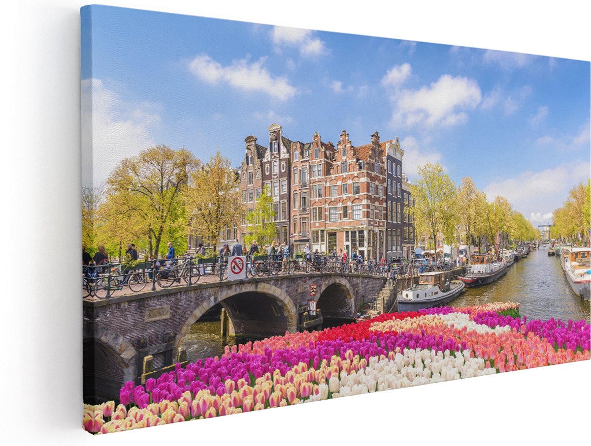 Artaza Canvas Schilderij Amsterdamse Huisjes Aan De Grachten - 160x80 cm - Groot - Wanddecoratie Woonkamer - Schilderijen - Muurdecoratie