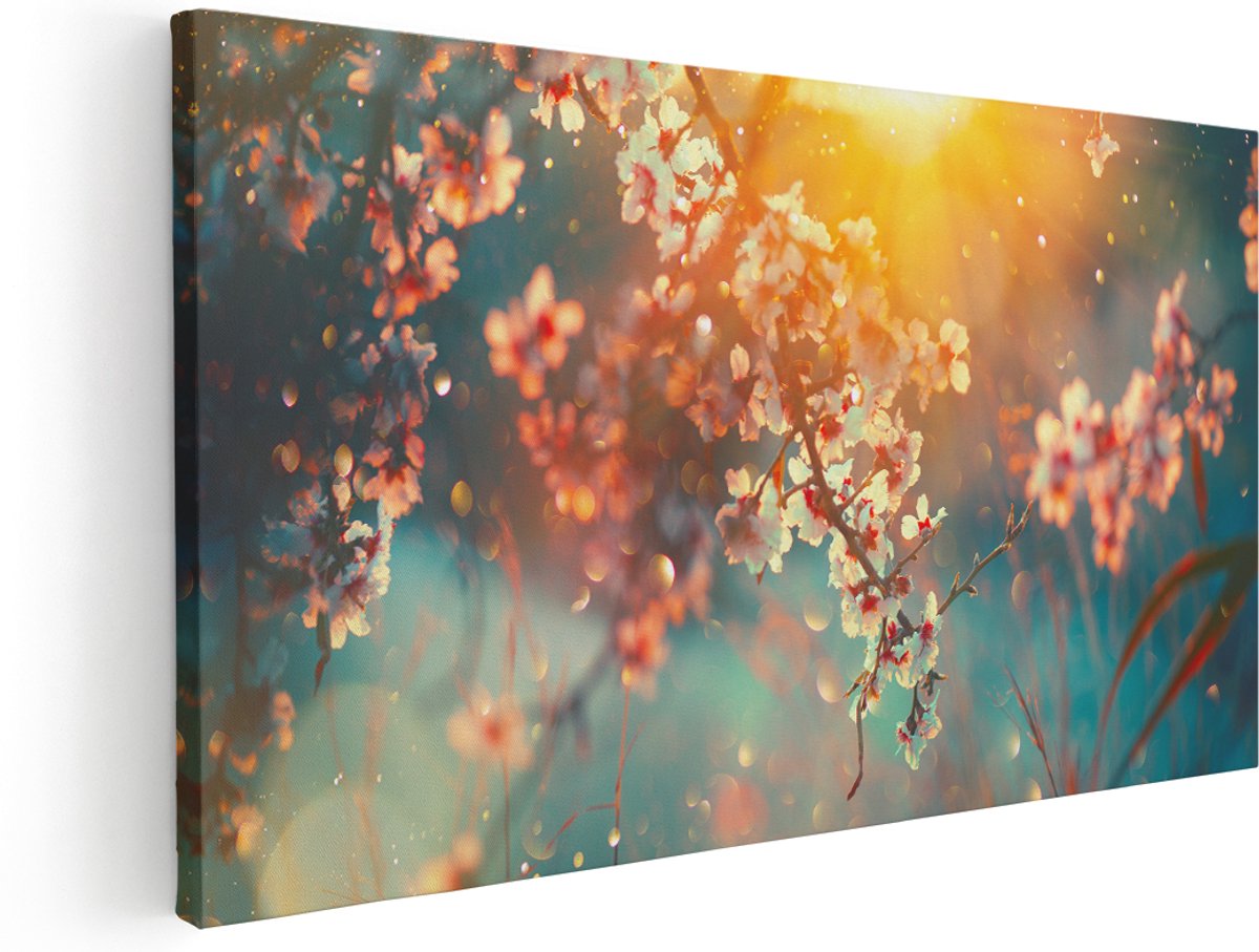Artaza Canvas Schilderij Bloesemboom Tijdens Zonsondergang - Bloem - 160x80 cm - Groot - Wanddecoratie Woonkamer - Schilderijen - Muurdecoratie