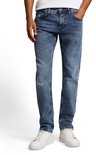 Blauwe denim jeans met stonewash-effect, met steekzakken, van voren gezien. Gemaakt van katoen.