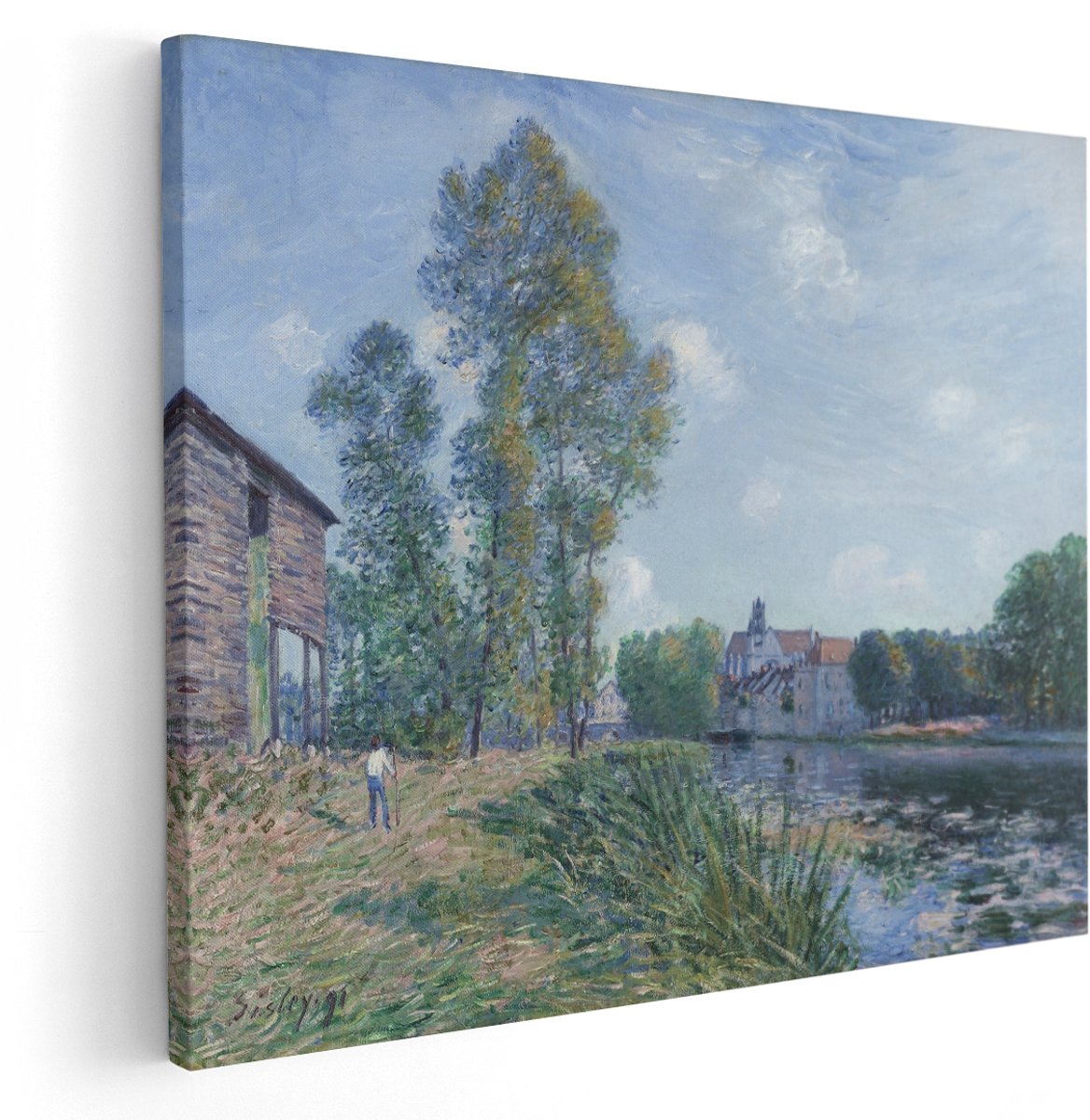 Artaza Canvas Schilderij Landschap - 150x120 cm - Groot - Wanddecoratie Alfred Sisley - Muurdecoratie Kerk Van Moret - Schilderijen Natuur Rivier