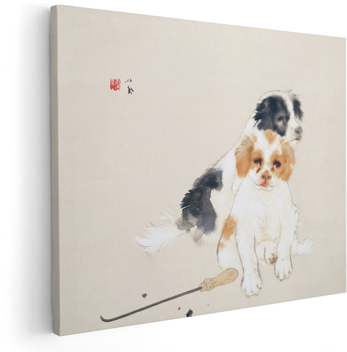 Artaza Canvas Schilderij Puppy's - 150x120 cm - Groot - Japandi Wanddecoratie Honden - Muurdecoratie Dieren - Decoratie Woonkamer Inktstijl