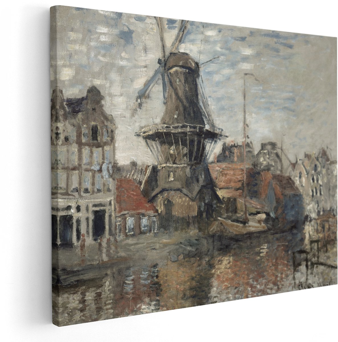 Artaza Canvas Schilderij Molen - 150x120 cm - Groot - Wanddecoratie Amsterdam - Muurdecoratie Monet - Decoratie Gracht Landschap