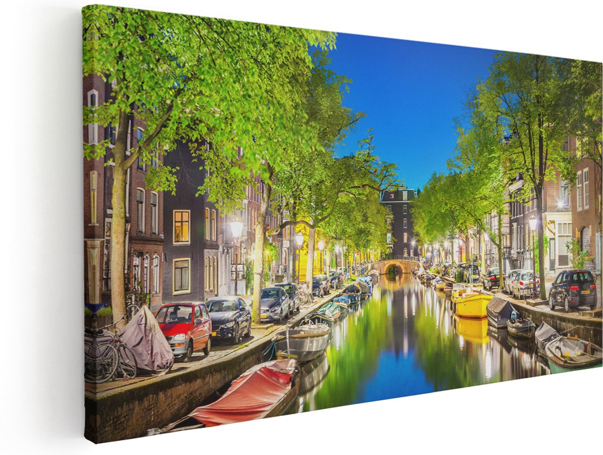 Artaza Canvas Schilderij Amsterdamse Gracht In De Nacht - 160x80 cm - Groot - Wanddecoratie Woonkamer - Schilderijen - Muurdecoratie