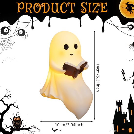 Spook leeslamp - Verlicht Spook bureaulamp - LED-leeslamp - Lichtgevend beeldje - Harsbeeldje - Halloween-decoratie voor kantoor, slaapkamer, studentenkamer,Klein — afbeelding 2