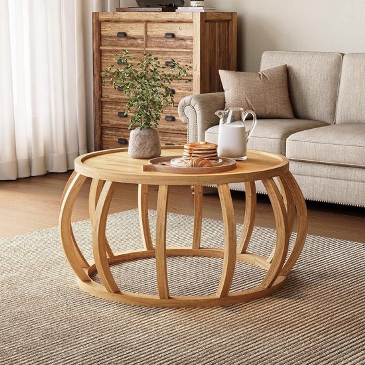 Massief Houten Salontafel - Ronde Woonkamertafel - Woonkamer Inrichten - Gebogen Onderstel Design - 80 cm Rond - Naturel