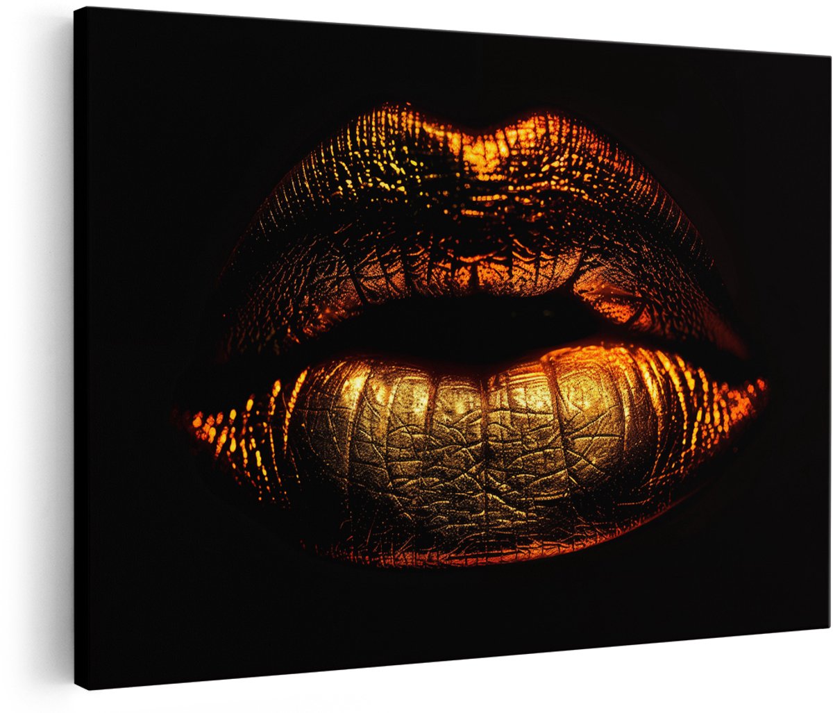 Artaza Canvas Schilderij Goudkleurig Verlichte Lippen van een Vrouw - 150x100 cm - Groot - Wanddecoratie Woonkamer - Schilderijen - Muurdecoratie