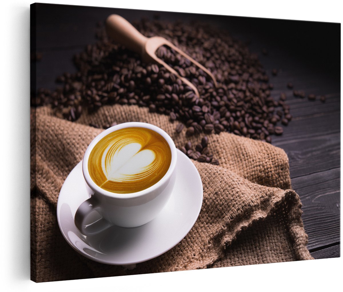 Artaza Canvas Schilderij Kopje Koffie In Een Hartje Met Koffiebonen - 150x100 cm - Groot - Wanddecoratie Woonkamer - Schilderijen - Muurdecoratie