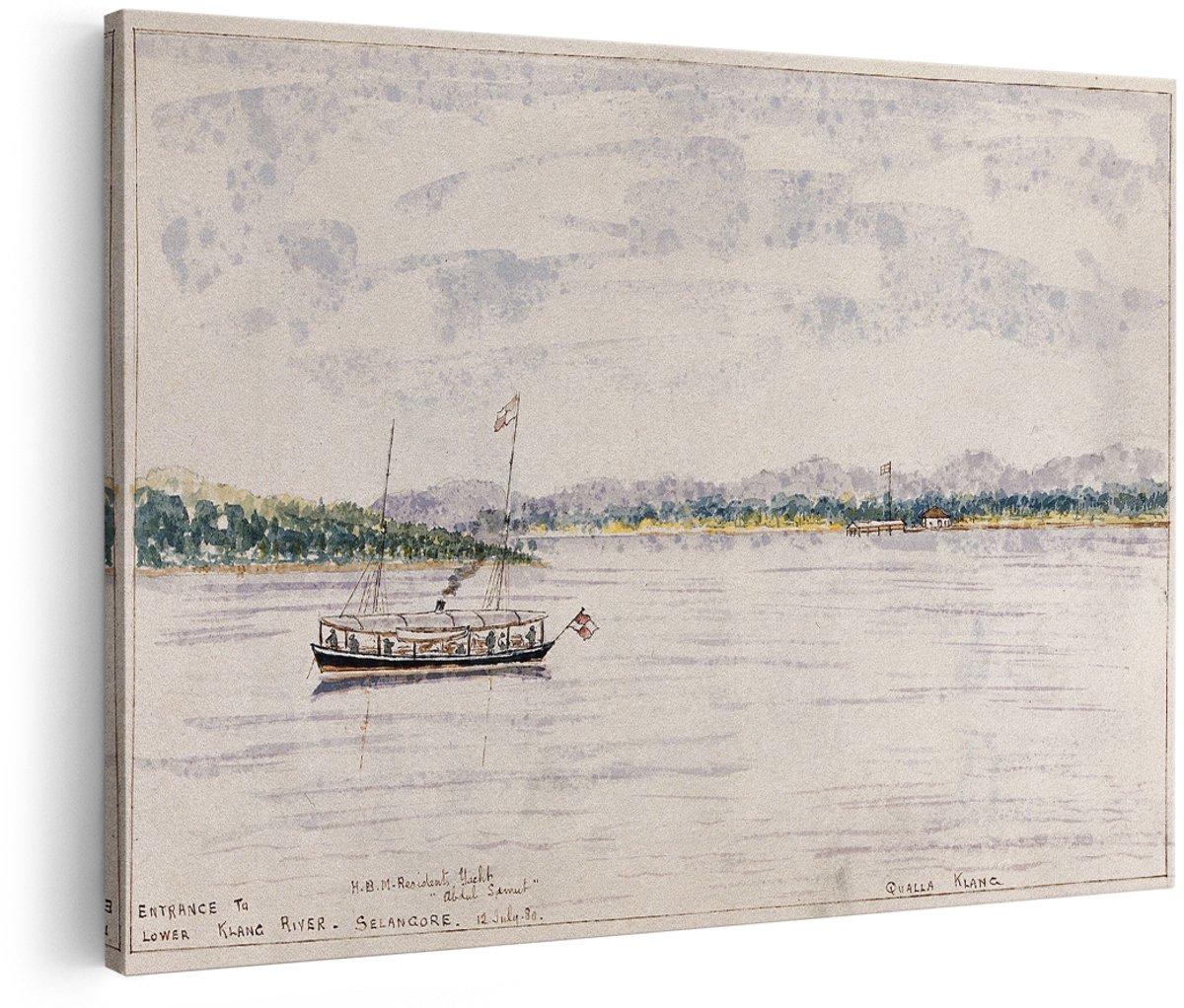 Artaza Canvas Schilderij Landschap Klang Rivier - 150x100 cm - Groot - Wanddecoratie Vintage Stoomschip - Muurdecoratie Aquarel Boot - Decoratie Natuur