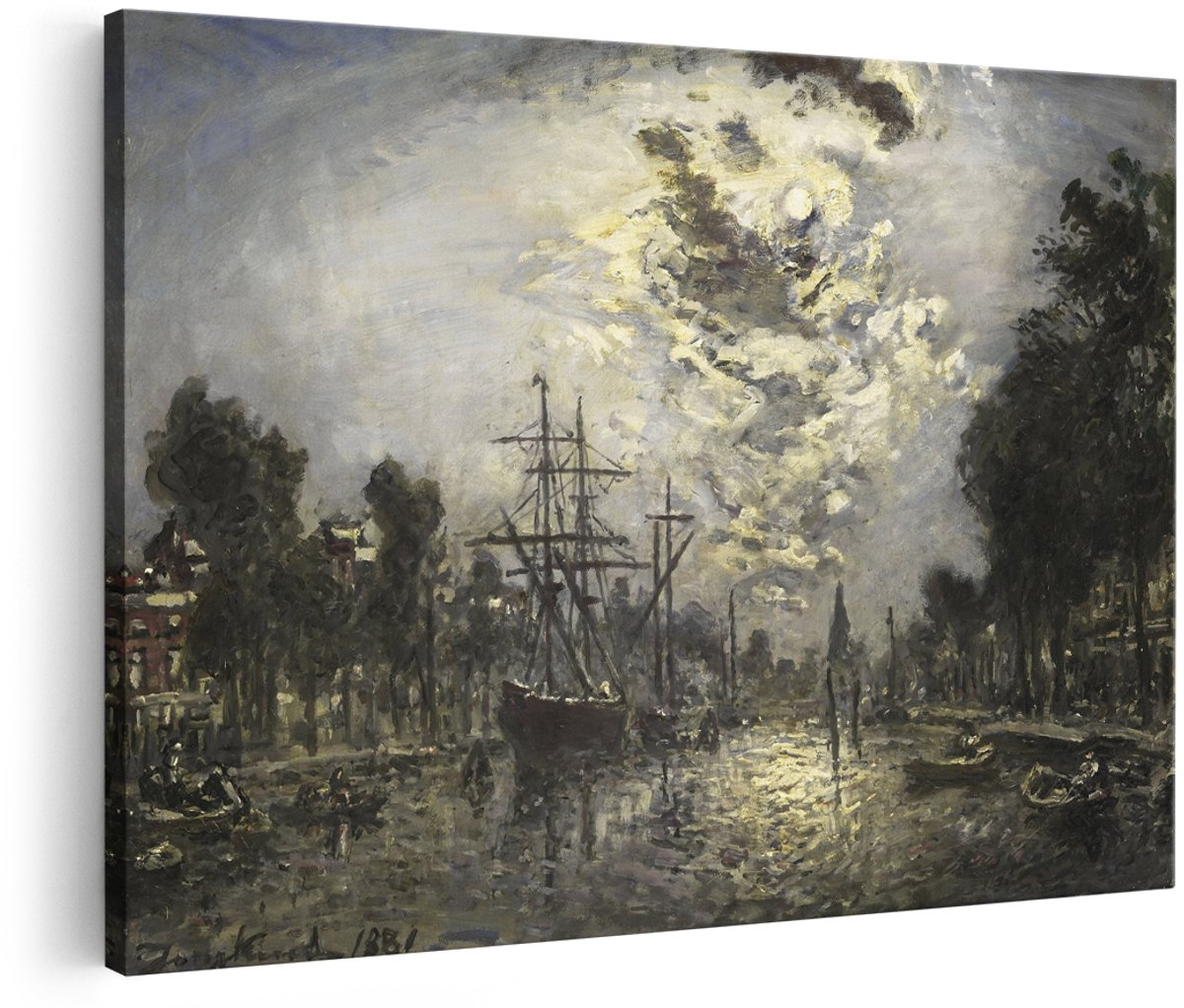 Artaza Canvas Schilderij Haven - 150x100 cm - Groot - Wanddecoratie Zeilschip - Muurdecoratie Maanlicht - Decoratie Klassiek Landschap - Schilderijen Op Canvas