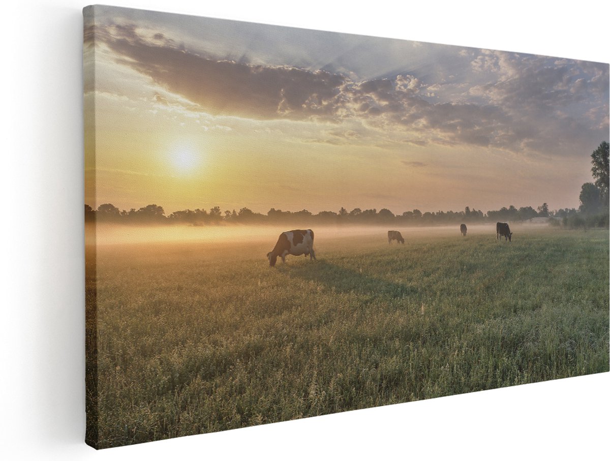 Artaza Canvas Schilderij Koeien In De Wei Tijdens Zonsopkomst - 140x70 cm - Groot - Wanddecoratie Woonkamer - Schilderijen - Muurdecoratie