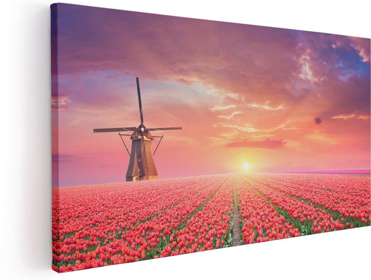Artaza Canvas Schilderij Rode Rozen Bloemenveld Met Een Windmolen - 140x70 cm - Groot - Wanddecoratie Woonkamer - Schilderijen - Muurdecoratie