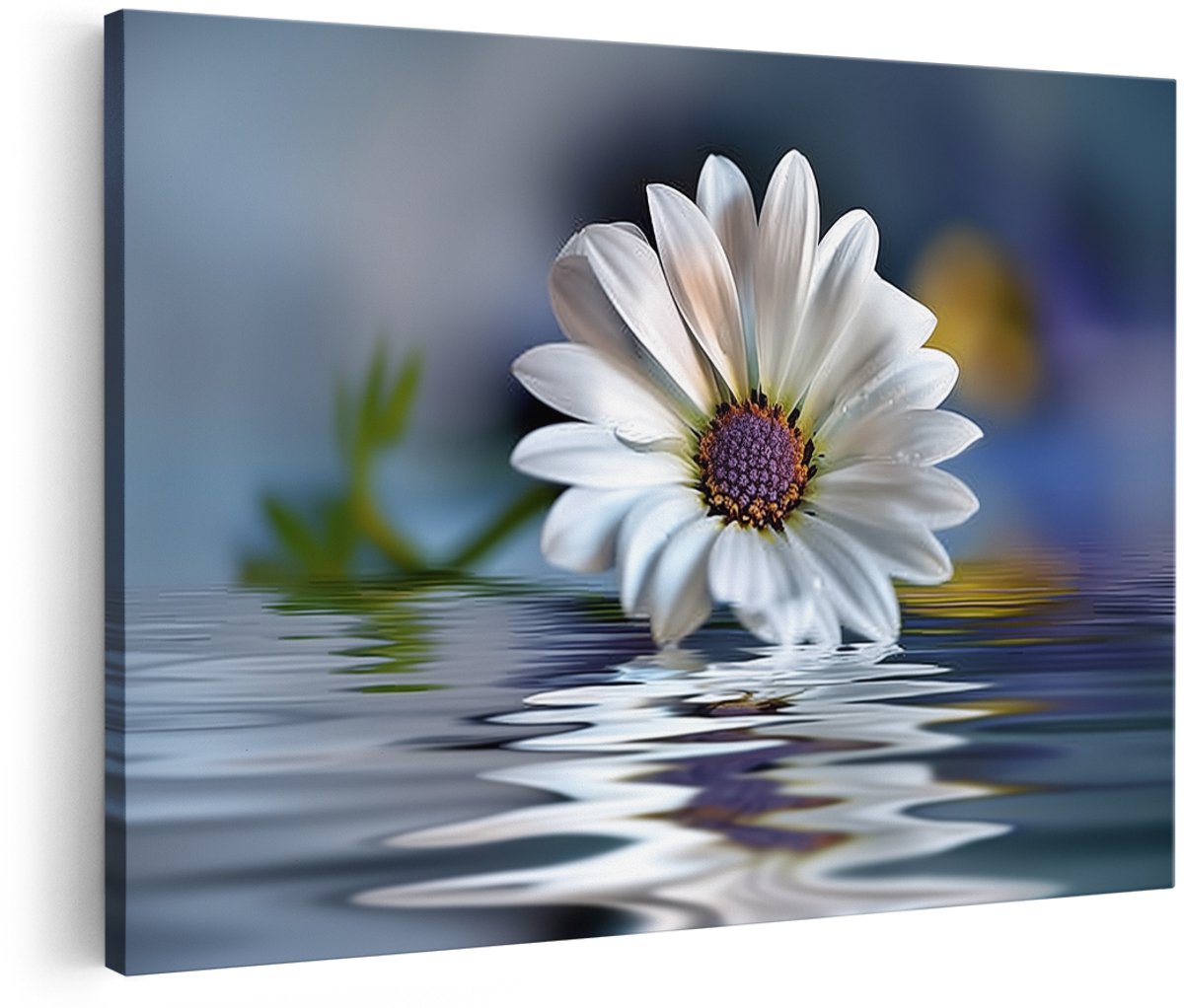 Artaza Canvas Schilderij Witte Margriet Bloemen Weerspiegeld in Water - Bloemen - 150x100 cm - Groot - Wanddecoratie Woonkamer - Schilderijen - Muurdecoratie