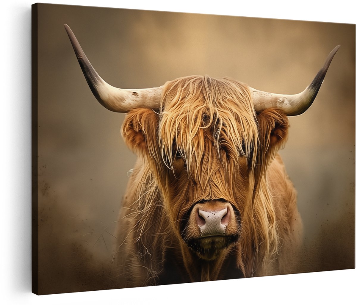 Artaza Canvas Schilderij Schotse Hooglander Koe met Lange Hoorns - Dieren - 150x100 cm - Groot - Wanddecoratie Woonkamer - Schilderijen - Muurdecoratie