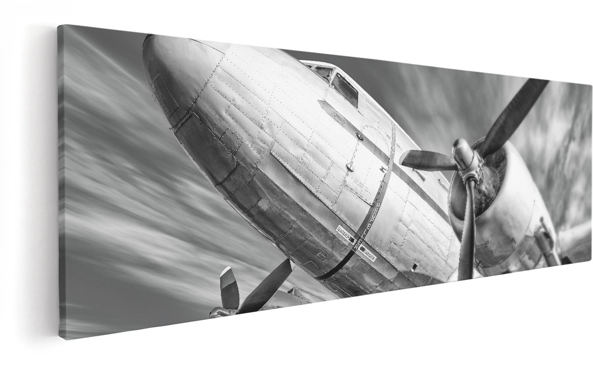 Artaza Canvas Schilderij Oud Vliegtuig Op De Landingsbaan - 150x50 cm - Groot - Wanddecoratie Woonkamer - Schilderijen - Muurdecoratie