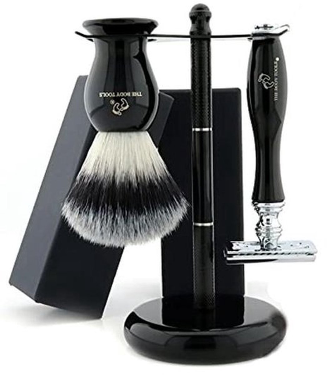 Scheerset voor heren en dames - 3-delige scheerset met scheerkwast, veiligheidsscheermes en standaard - zwart