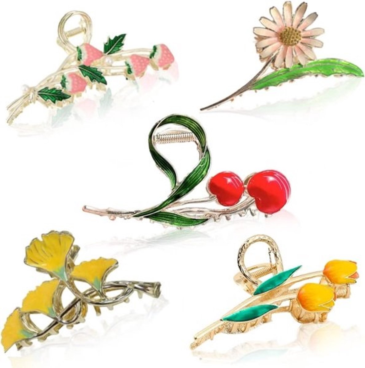 Set van 6 Stuks Bloemen Haarspeldjes: Vlinder, Tulpen en Vissenstaart Haarclips