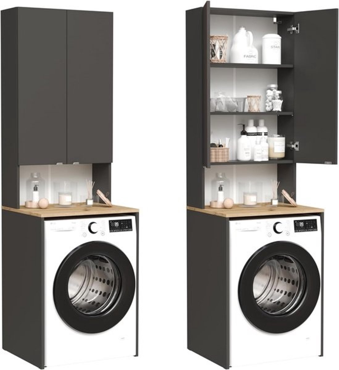 Wasmachinekast en hoge kast voor badkamer, superstructuur voor wasmachine en droogtrommel, 210 x 65 x 50/56 cm, wit