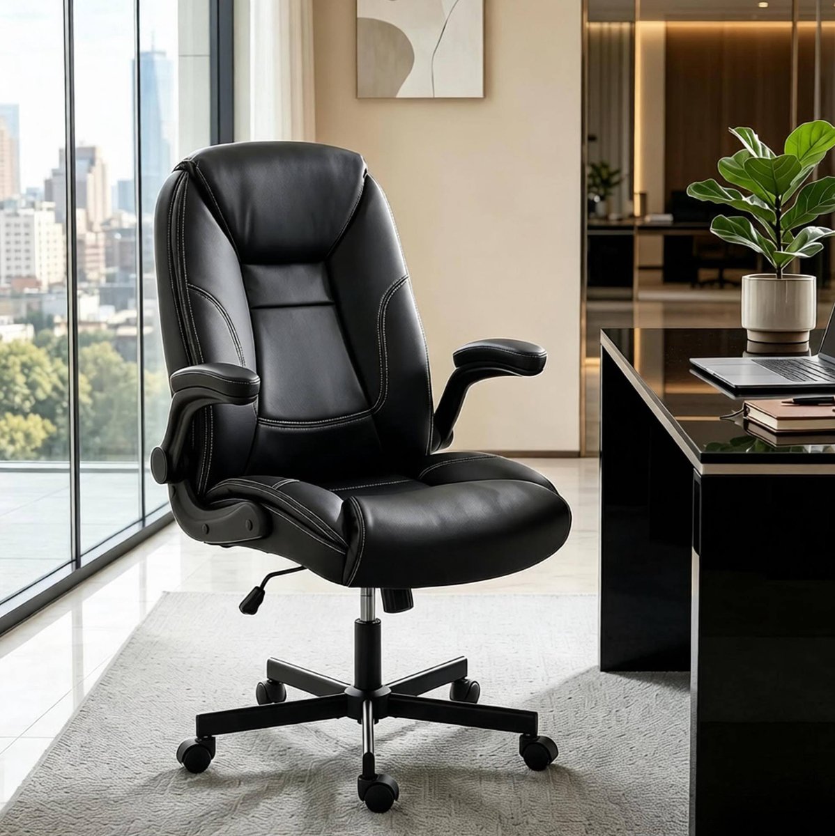DESMIU Bureaustoel 69,5 X 77 X 106-116 Cm - Ergonomisch Met Opklapbare Armleuningen En Kantelfunctie - Voor Bureau - Kunstleer Zwart
